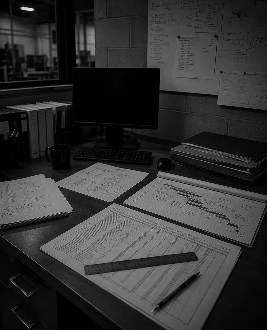 Plan de travail avec documents et écran, cadrage d'un devis en cours