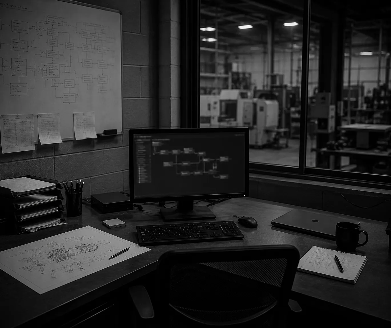 Atelier industriel, poste de travail et écran de pilotage